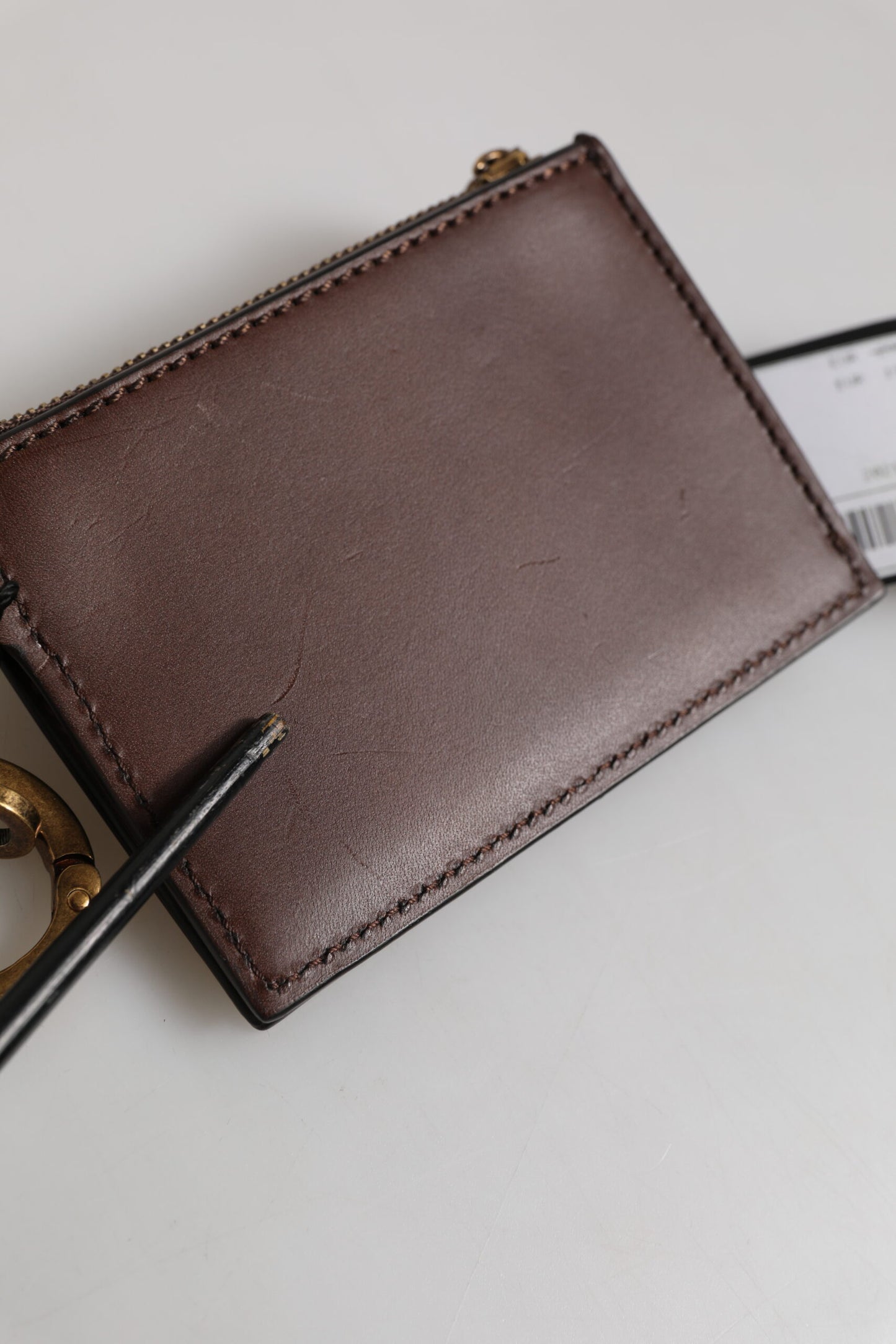 Dolce & Gabbana Braunes Kalbsleder Zip Logo Schlüsselanhänger Münzgeldbörse Männer Brieftasche