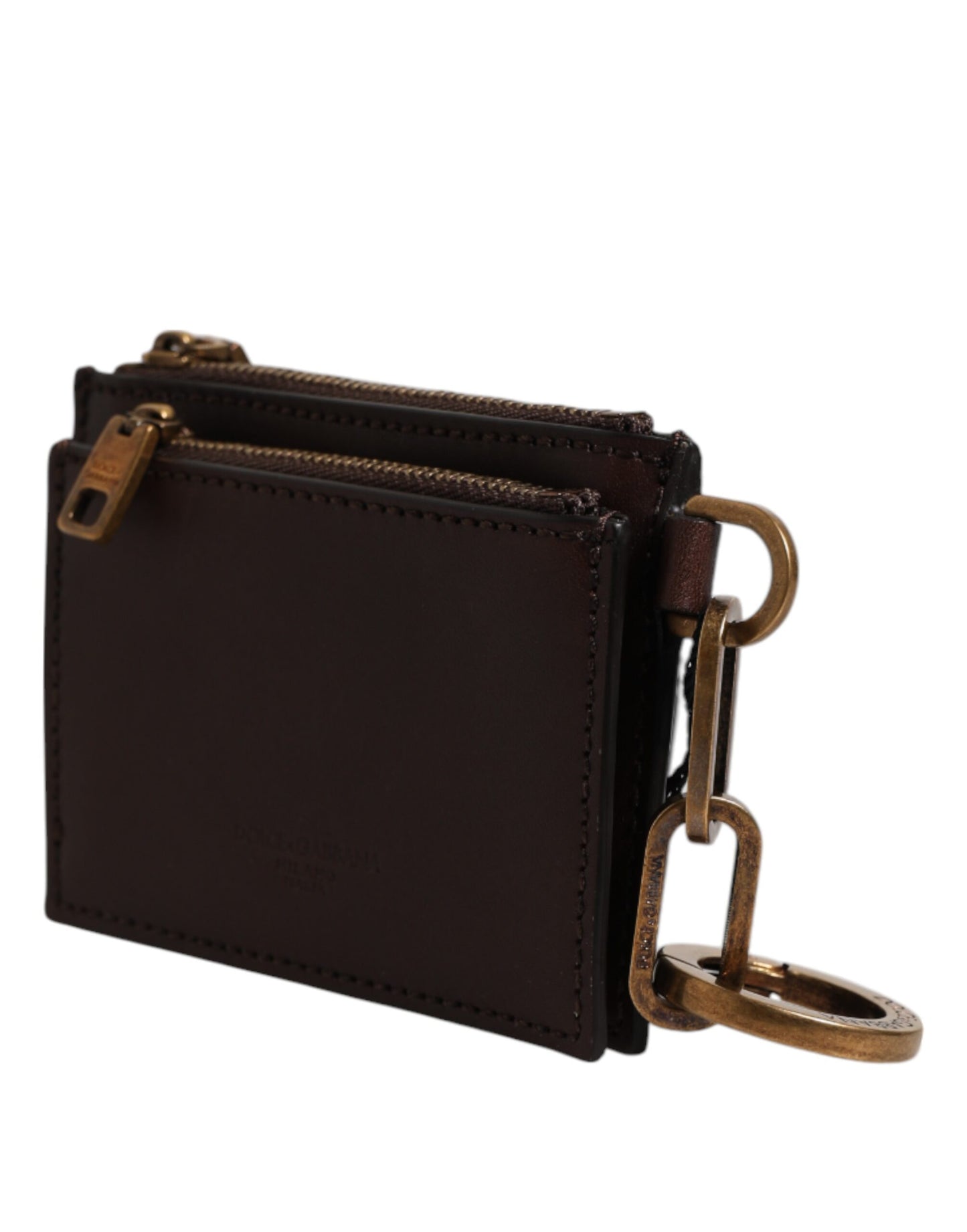 Dolce & Gabbana Braunes Kalbsleder Zip Logo Schlüsselanhänger Münzgeldbörse Männer Brieftasche