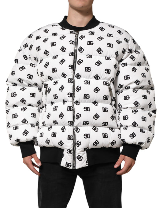 Dolce & Gabbana Weiße DG Monogram Steppjacke mit durchgehendem Reißverschluss