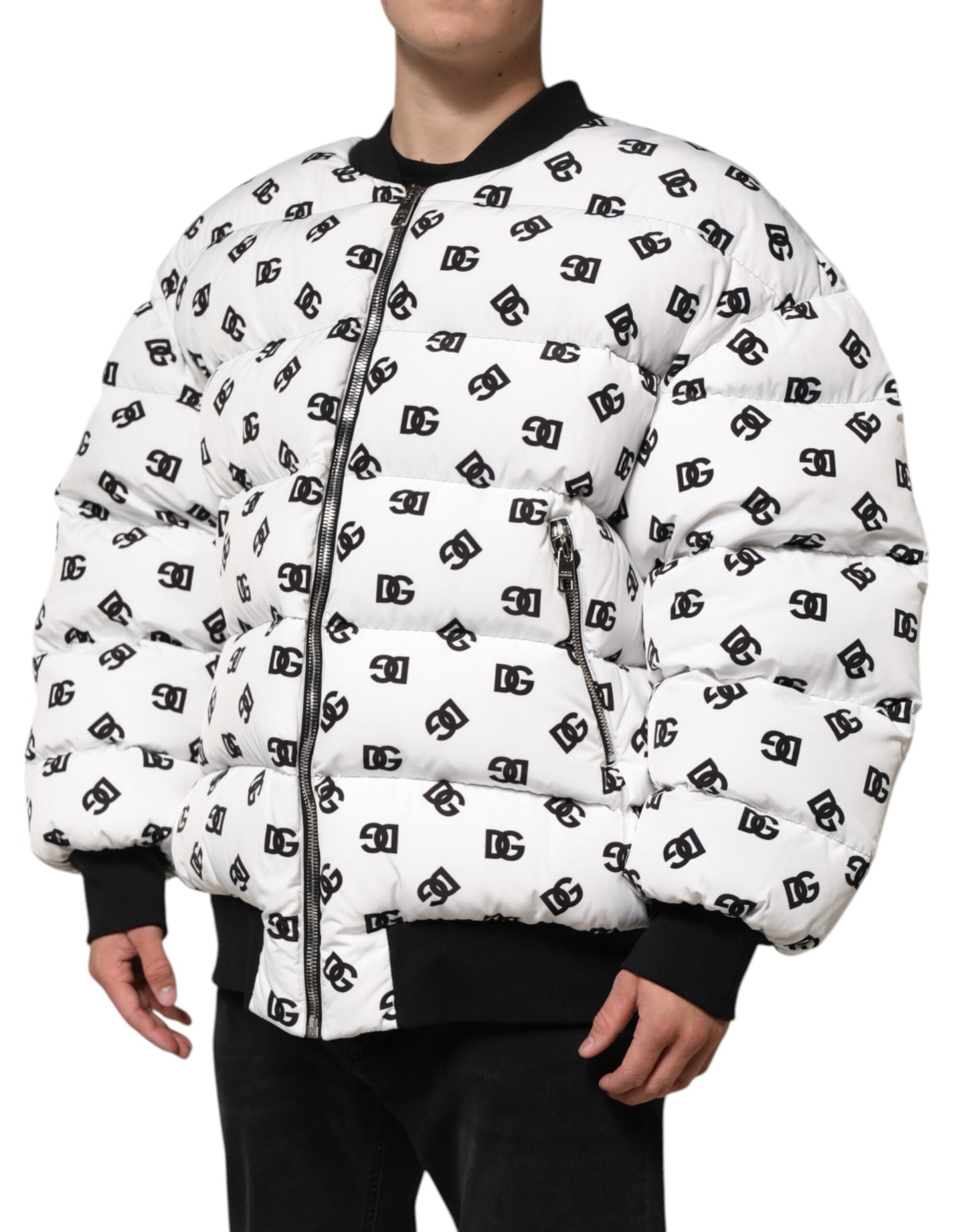 Dolce & Gabbana Weiße DG Monogram Steppjacke mit durchgehendem Reißverschluss