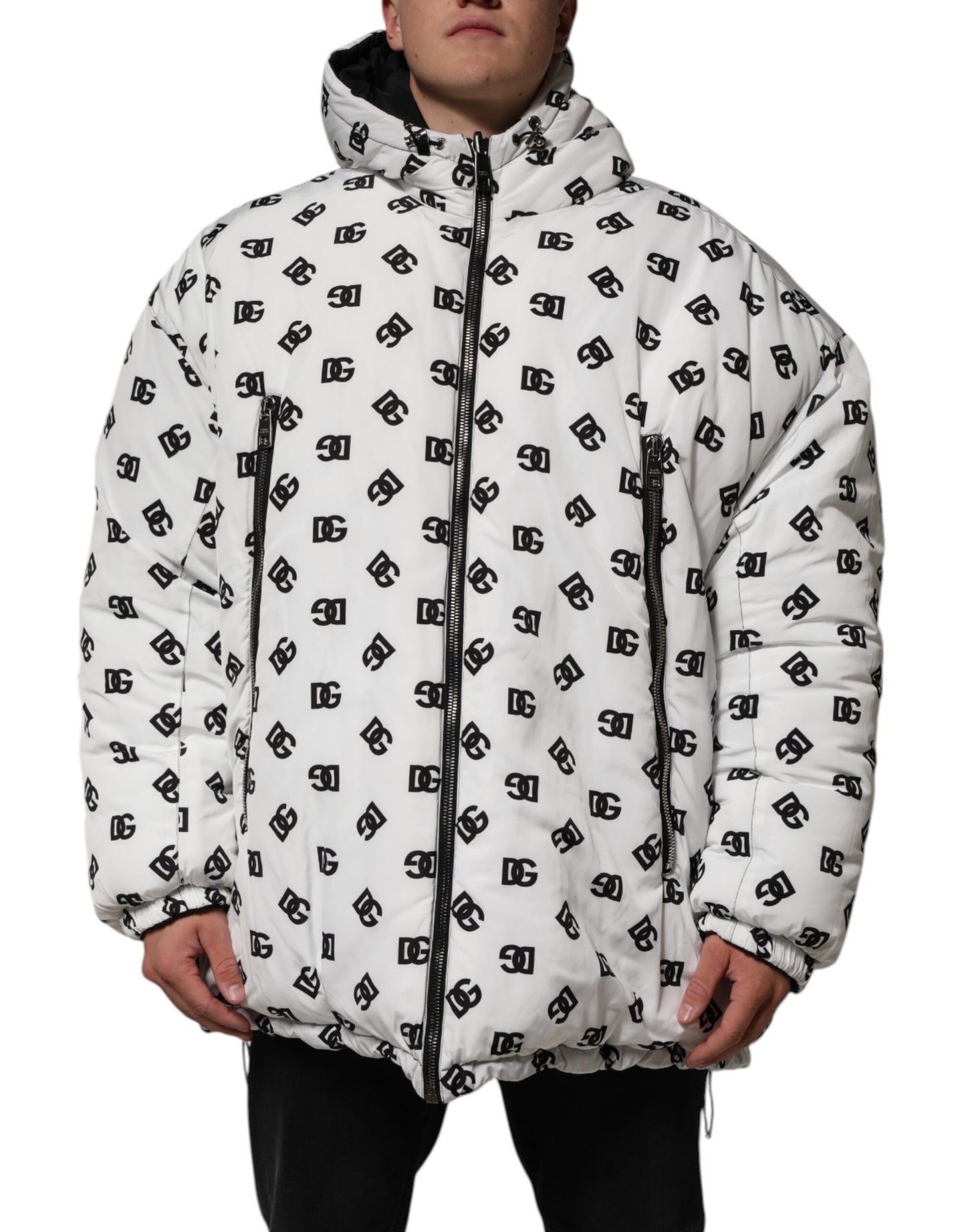 Dolce & Gabbana Weiße DG Monogram Kapuzen-Pufferjacke