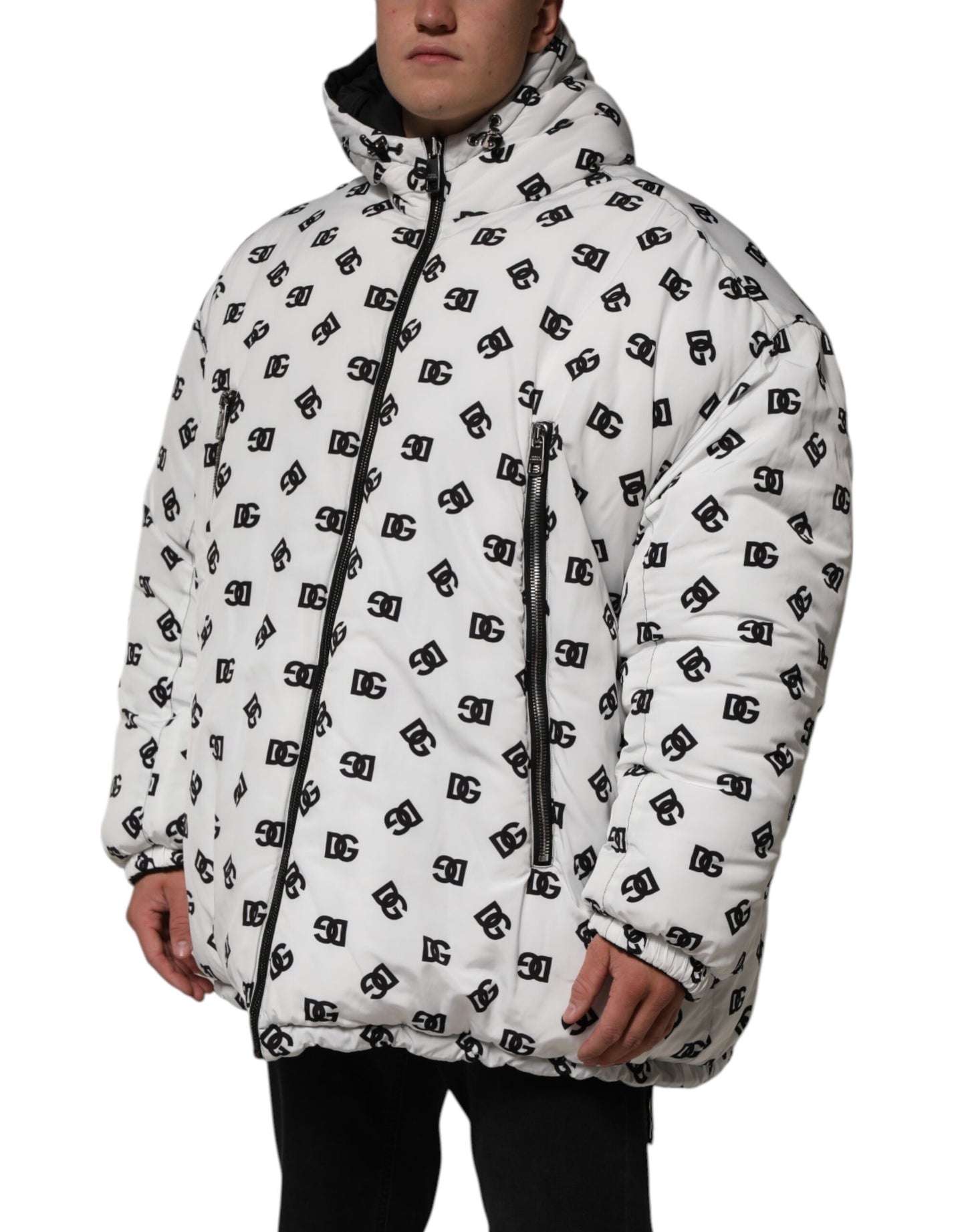 Dolce & Gabbana Weiße DG Monogram Kapuzen-Pufferjacke