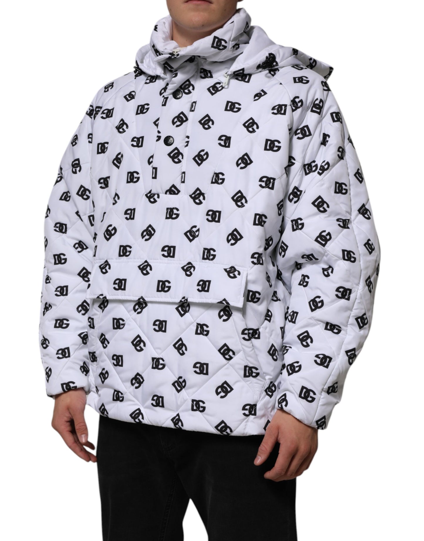 Dolce & Gabbana Weiße DG Monogramm Steppjacke mit Kapuze