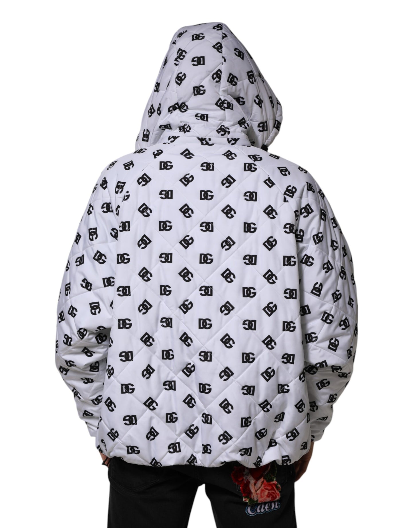 Dolce & Gabbana Weiße DG Monogramm Steppjacke mit Kapuze