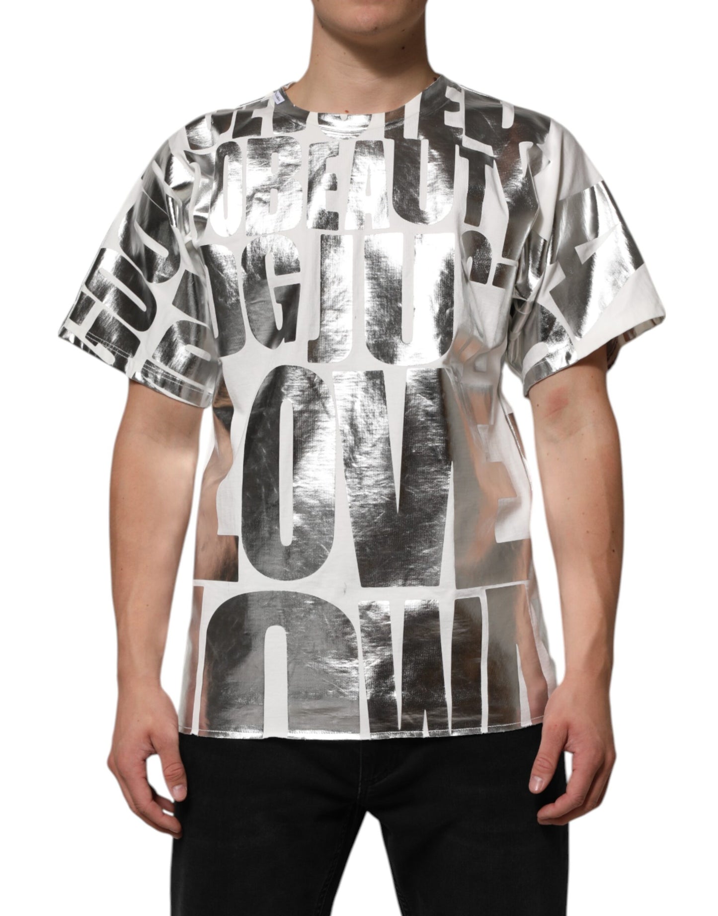 Dolce & Gabbana Weißes T-Shirt mit Metallic-Druck aus Baumwolle mit Rundhalsausschnitt