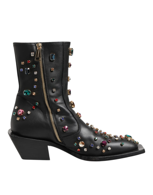 Dolce & Gabbana Schwarz Crystal Cowboy Leder Männer Stiefel Schuhe