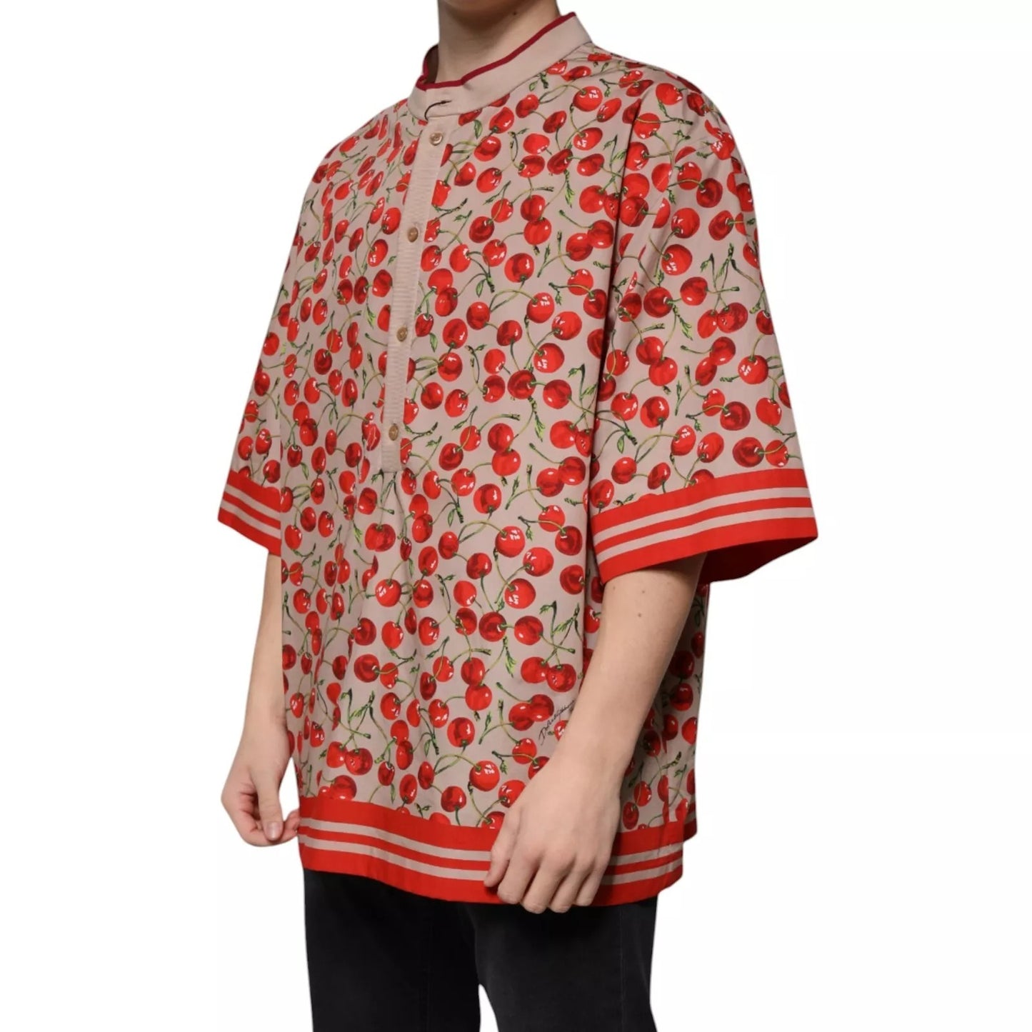 Dolce & Gabbana Beige Kirsche Nylon Geknöpftes Freizeithemd