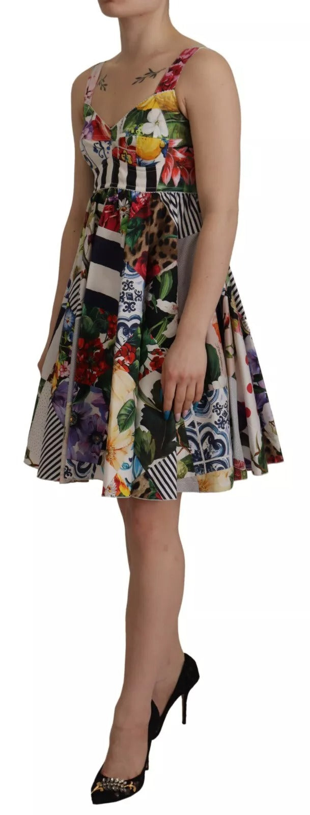 Dolce & Gabbana Mehrfarbiges Mini-Schlagkleid aus Popeline mit Blumenmuster