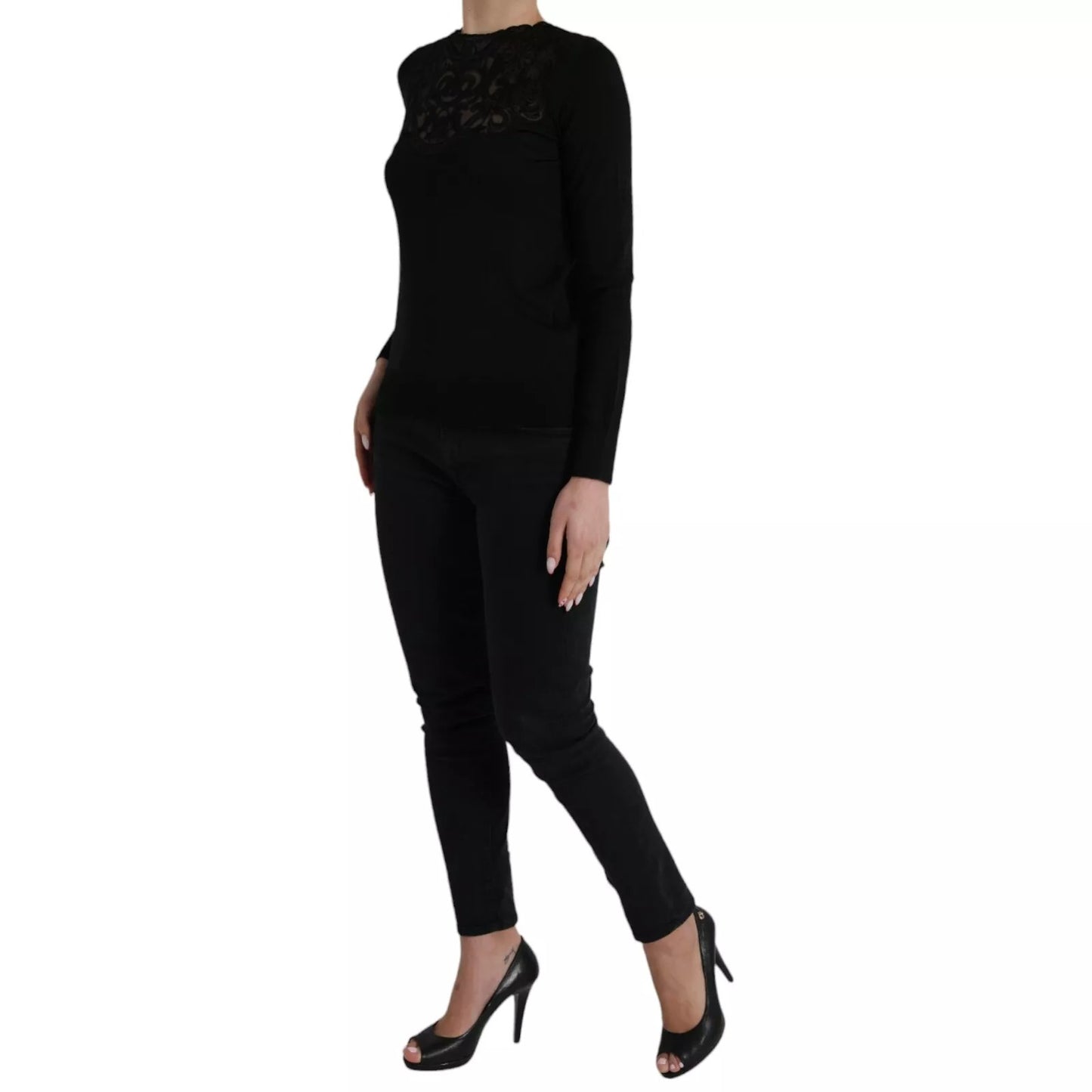 Dolce & Gabbana Schwarzes Seidenblusentop mit Spitzenbesatz und langen Ärmeln