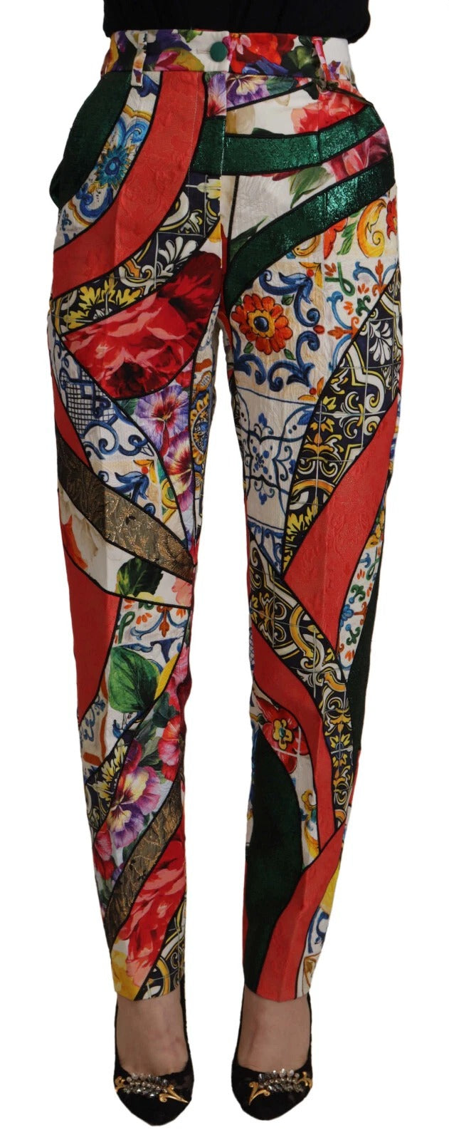 Dolce & Gabbana Multicolor Patchwork Jacquard Hose mit hoher Taille