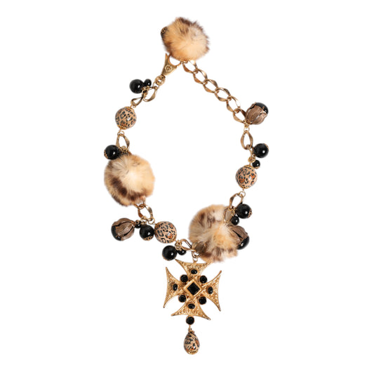 Dolce & Gabbana Gold Schwarz Kristalle Lapin Pelz Filigran Choker Halskette