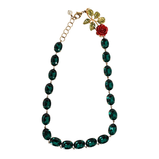 Dolce & Gabbana Rot Rose Grün Kristall Gold-Ton Kette Halskette